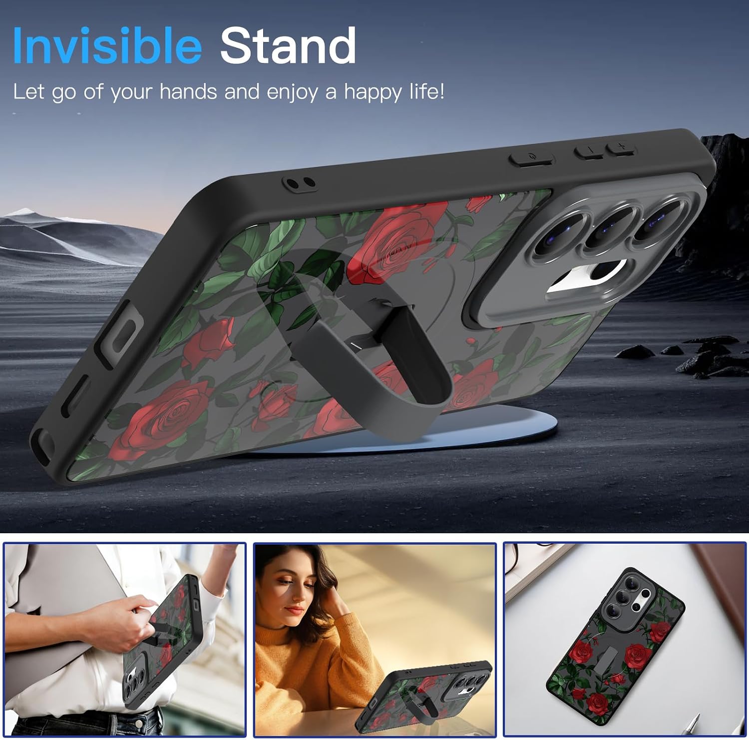 Magnetic Case for Samsung Galaxy S26 Ultra with Finger Hand Strap Kickstand[Compatible with MagSafe] Red Rose Floral Pattern for Women Man Slim Full Camera Protection Shockproof Phone Case