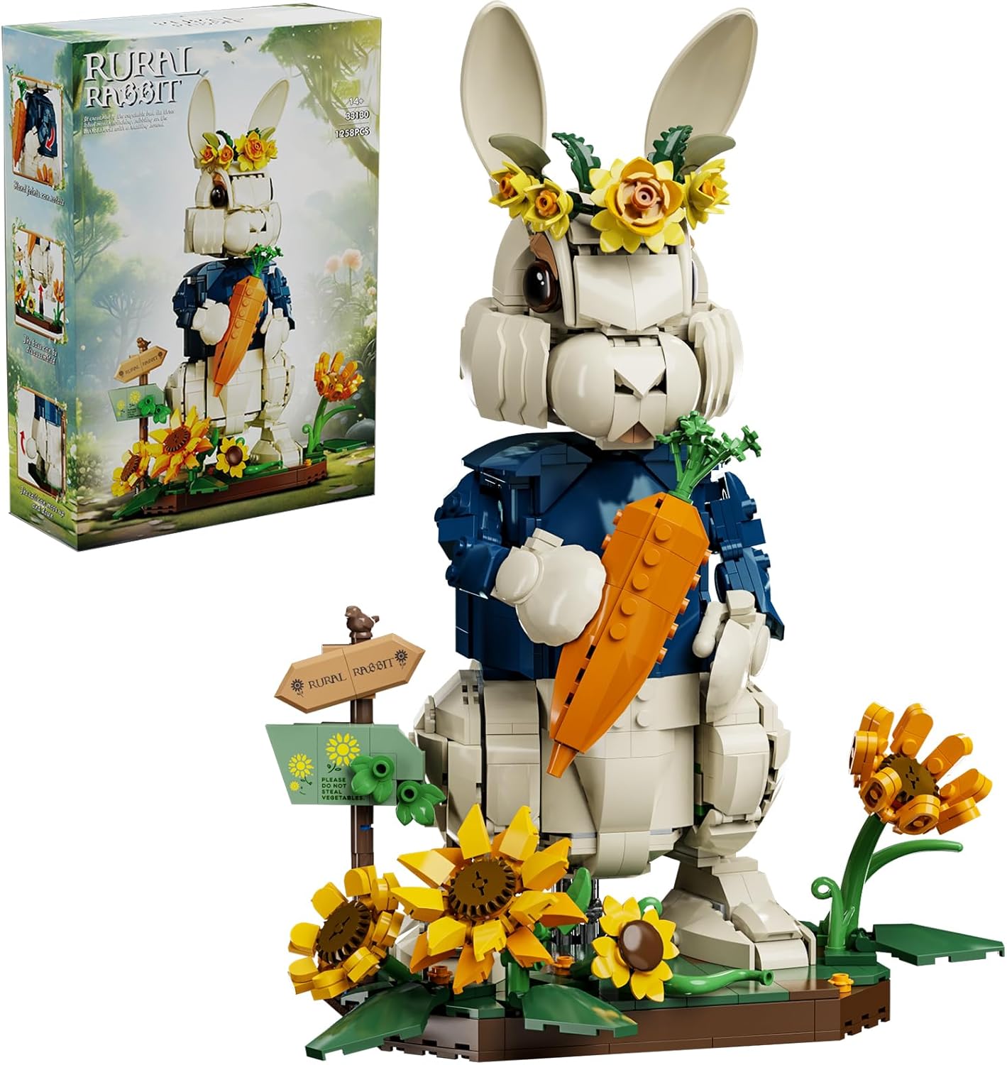 Easter Bunny Building Set with Carrot & Sunflower Base, 1258 PCS Bricks Blocks Rabbit Model Compatible with Lego Easter, Creative Easter Gift for Adults