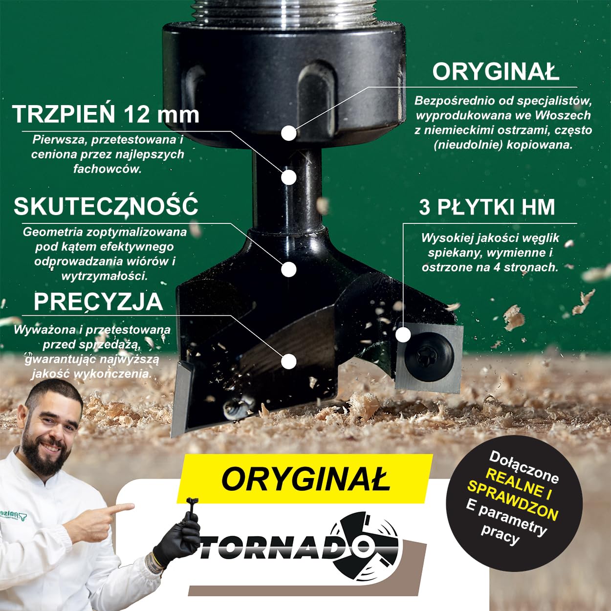 Fraiser Tornado – frez do wyrównywania drewna, trzpień 12 mm, średnica 60 mm, płytki z węglika 12 × 12 mm – do płaszczyzn, rowków i krawędzi, do frezarki górnowrzecionowej