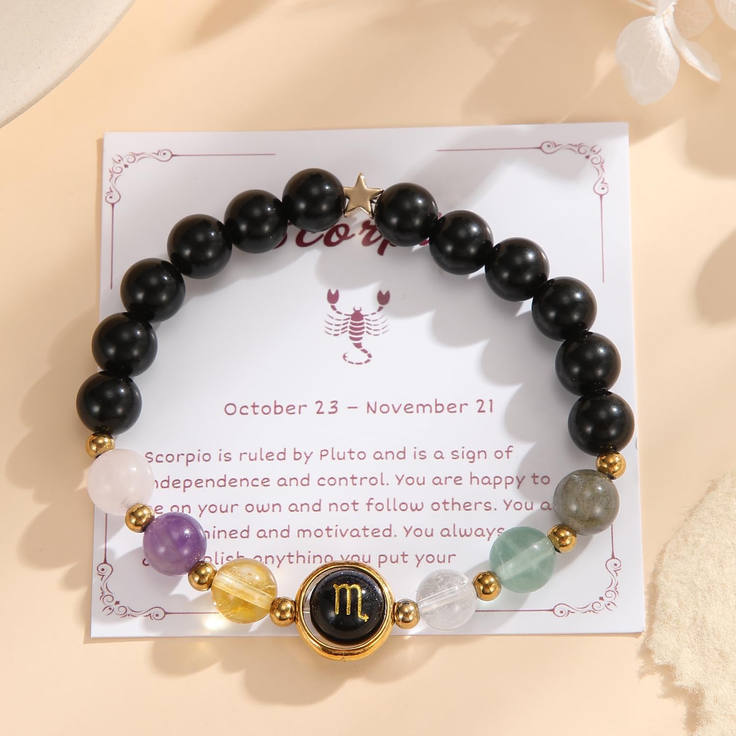 Crystal Vibe Scorpio Zodiac Bracelet Healing Crystal Constellation Bracelet with Rose Quartz Amethyst Citrine Crystal Quartz Green Fluorite Labradorite Horoscope Gift