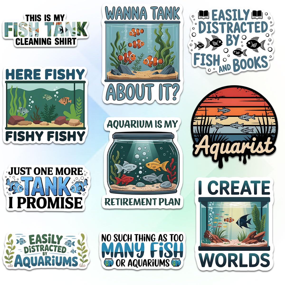 (10Pcs-3in) Funny Fish Tank Stickers – Gift for Parents, Friends, Brothers, Sisters, Aquarists, Animal Lovers – Ideal for Laptops, Water Bottles, Tumblers, Journals, Scrapbooking