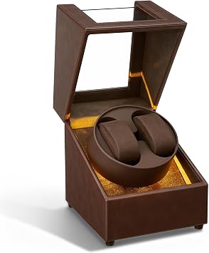 Mcbazel LED Double Automatic Watch Winder with Yellow Light, Quiet Motor Display Storage Rotation Wrist PU Leather Watch Box with 2 Slots-Brown