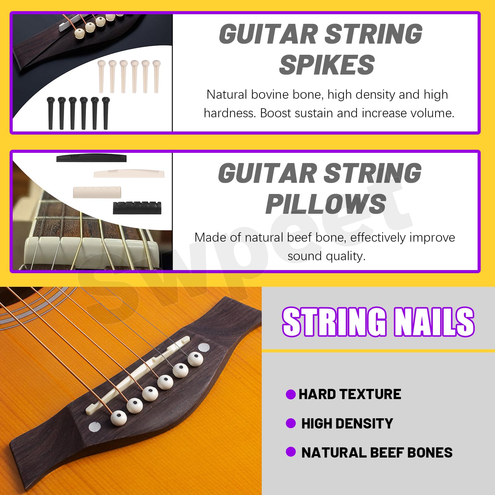 Swpeet 57Pcs Kit de accesorios de guitarra - Incluye Picks, cuerdas, Capo, Cortador de cuerdas, pasadores de puente, Pick Holder, huesos sillín y tuerca, protectores de dedos para guitarristas