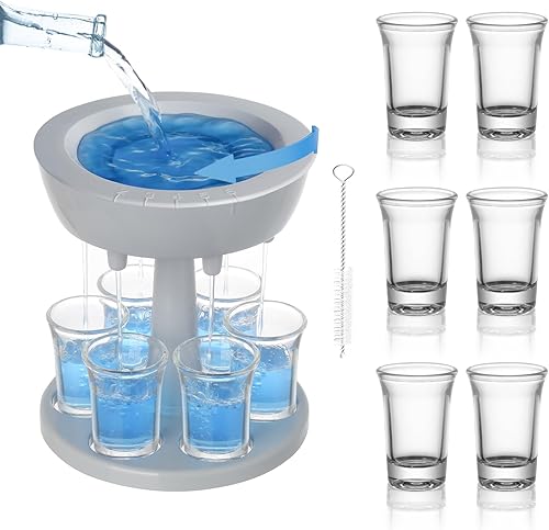 Dispensador y soporte de vidrio para 6 chupitos, dispensador de chupitos con 6 tazas de vasos de chupito de 2 onzas, dispensador múltiple de
