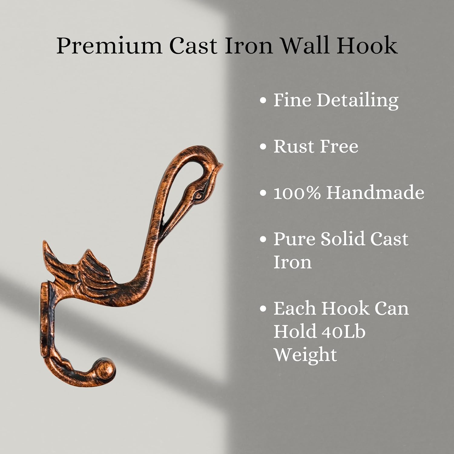Set of 3 Cast Iron Pelican Shape Coat Hooks Wall Art Decor-Pelican Shape Hangers and Key Holder-Clothes Rack and Backpack Hanger-Coat Hooks Home Decor for Storage,Living Room (Copper Antique) - Image 2