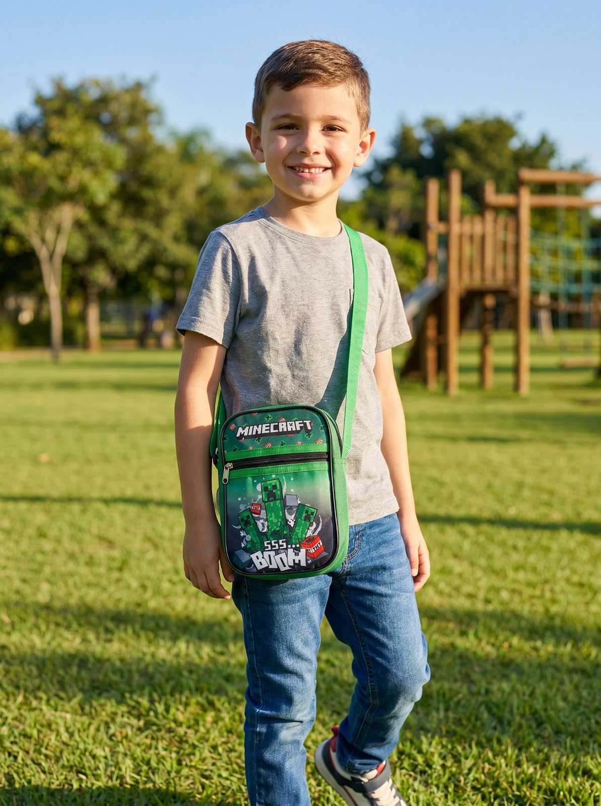 Aymax Minecraft Creeper Kinder Umhängetasche Schultertasche Grün, 21x16x5 cm, Tasche aus 100% Polyester mit Reißverschluss, Freizeittasche für Jungen
