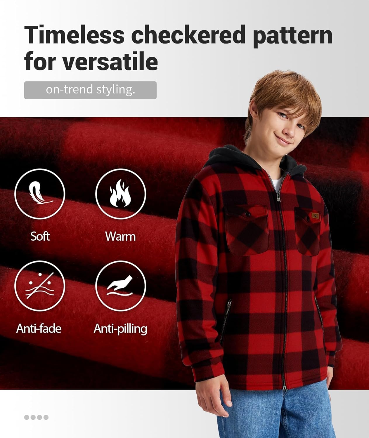 ZITY Boys Flannel Jacket Sherpa Lined Hoodies Zip Up Fleece Plaid Shirt Unisex Winter Coat Kids Outerwear 6-15 Years - Image 2