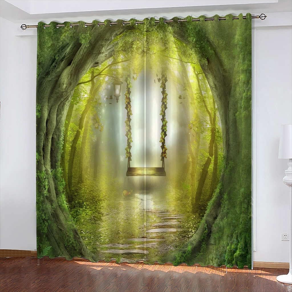Rideau occultant isolant thermique et phonique forêt 3D lot de 2 rideaux à oeillets