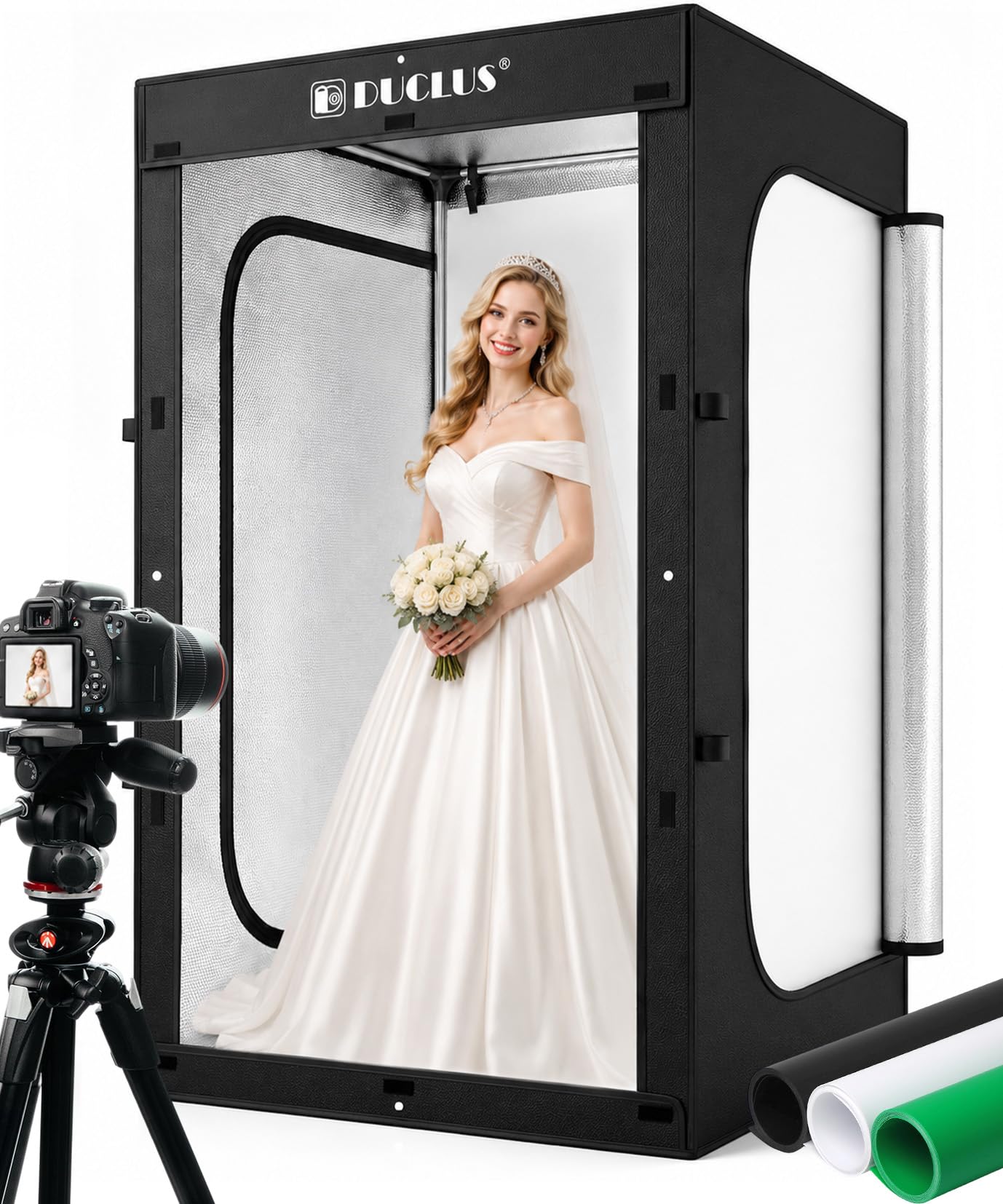 DUCLUS Photo Light Box 47×39×79 Inch for Clothing Photography, 400 LED Studio Shooting Tent with 8 Light Panels, CRI 96+, 12000lm Daylight, 3 Matte PP Backdrops for Bags, Models &amp; Large Products