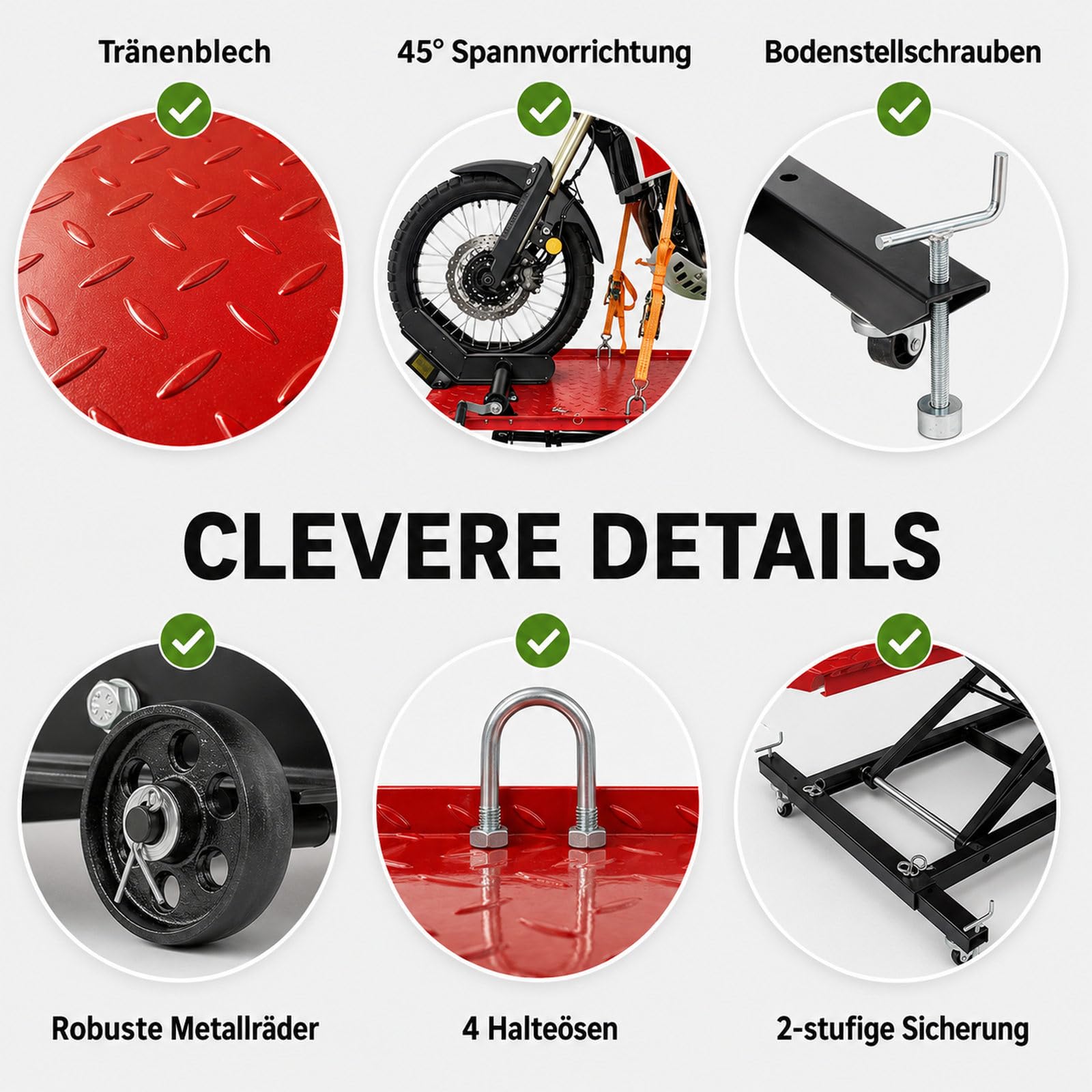 TRUTZHOLM Motorradhebebühne hydraulisch Tragkraft 560 kg Schwerlast Scherenheber Hubbereich 19-84 cm Nutzbreite 60 cm abnehmbare Auffahrrampe 4 Halteösen 45° Vorderradklemmung Hebebühne (Rot)