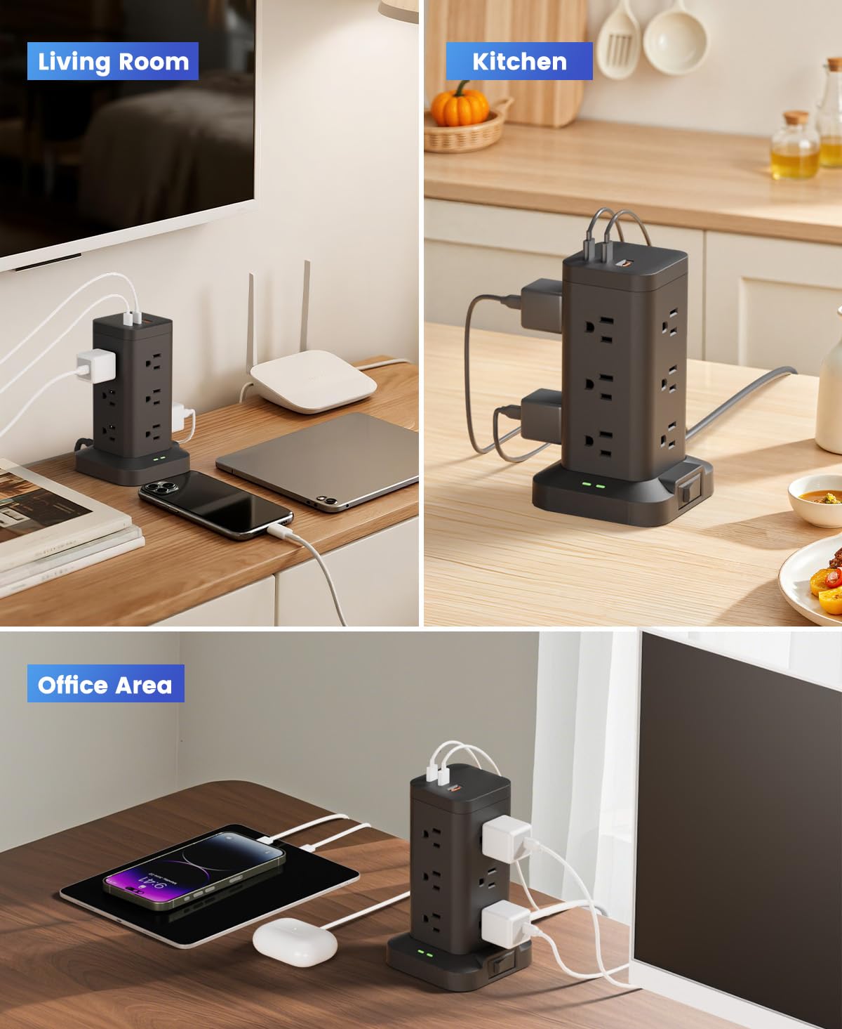 Wieża zasilająca z ochroną przeciwprzepięciową 1800J, wieża szybkiego ładowania PD20W USB-C z 12 gniazdami AC, przedłużacz 10 stóp do domu, biura, sypialni