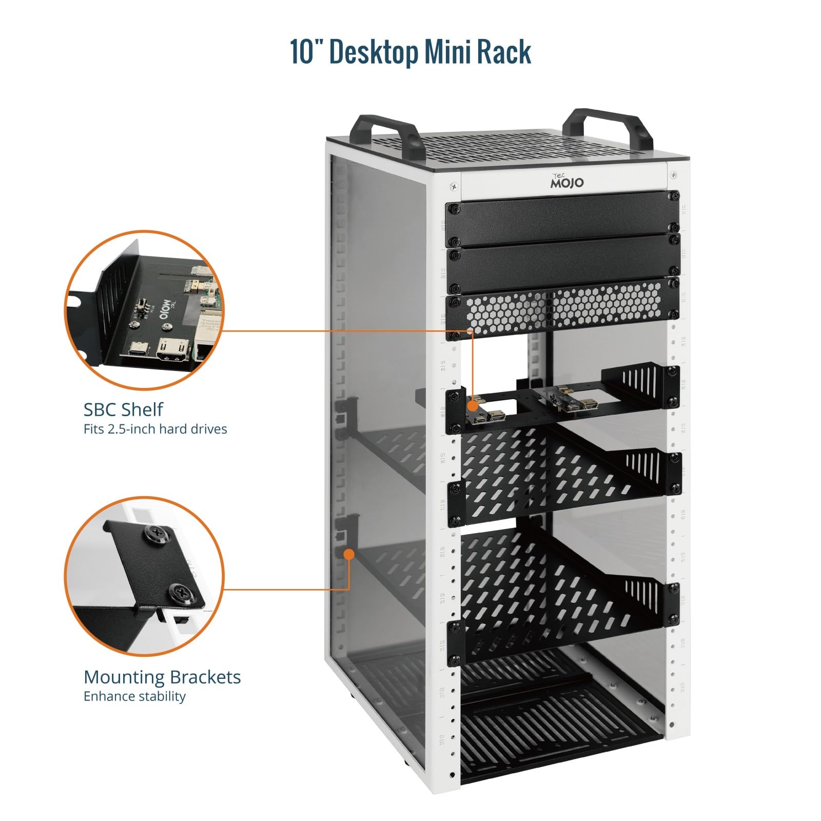 Tecmojo Rack di rete 12U, mini server rack con 2 pannelli traslucidi laterali e 2 maniglie superiori, profondità 26 cm, per apparecchiature IT e dispositivi A/V da 10", bianco