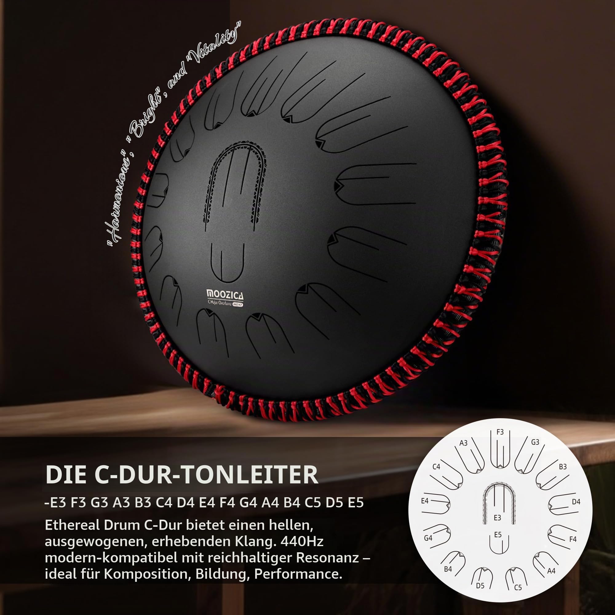 MOOZICA 15 Zoll Stahl-Handpan-Zungentrommel – 15 Töne in C-Dur, 440Hz, Zungentrommel mit Oktav-Oberton-Design – Professionelles Percussion-Zungentrommelinstrument mit Tragetasche (Schwarz, 440hz)