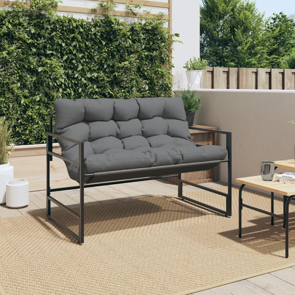 Banco de jardín con cojín, antracita, 113 cm, de acero resistente a la intemperie, para terraza, balcón, muebles de jardín, banco con reposabrazos y espacio de almacenamiento, banco para