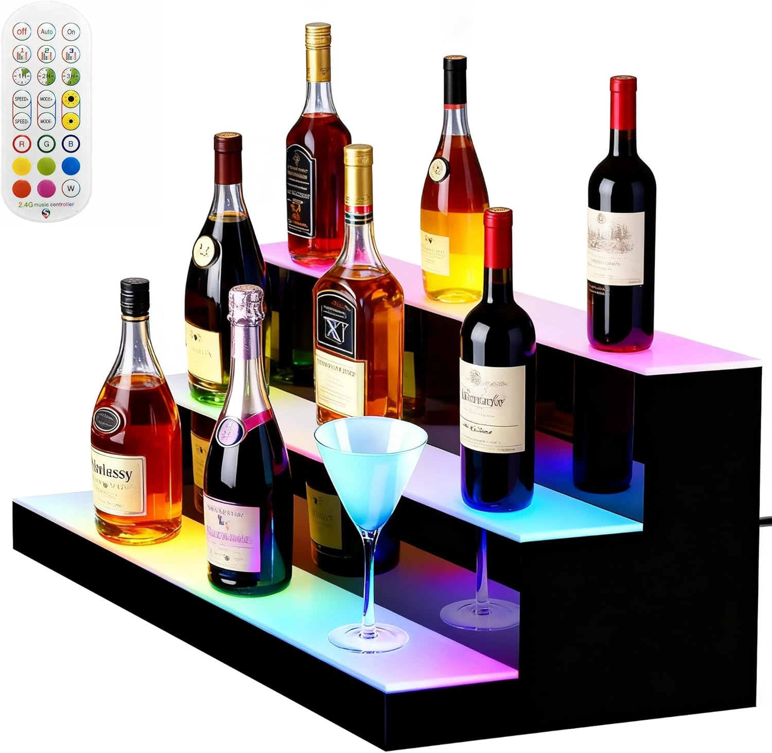 4-Tier LED Lighted Liquor Bottle Display Shelf, 23.6"x 15.8"x 12.6" Acrylic Bar Rack with Remote Control & Music Sync, Holds 24 Bottles, RGB 9 Colors for Home Bar, Pub, Party