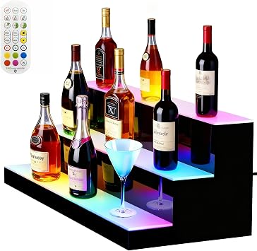 3-Tier LED Lighted Liquor Bottle Display Shelf, 14.48"x 10.62"x 9" Acrylic Bar Rack with Remote Control & Music Sync, Holds 24 Bottles, RGB 9 Colors for Home Bar, Pub, Party