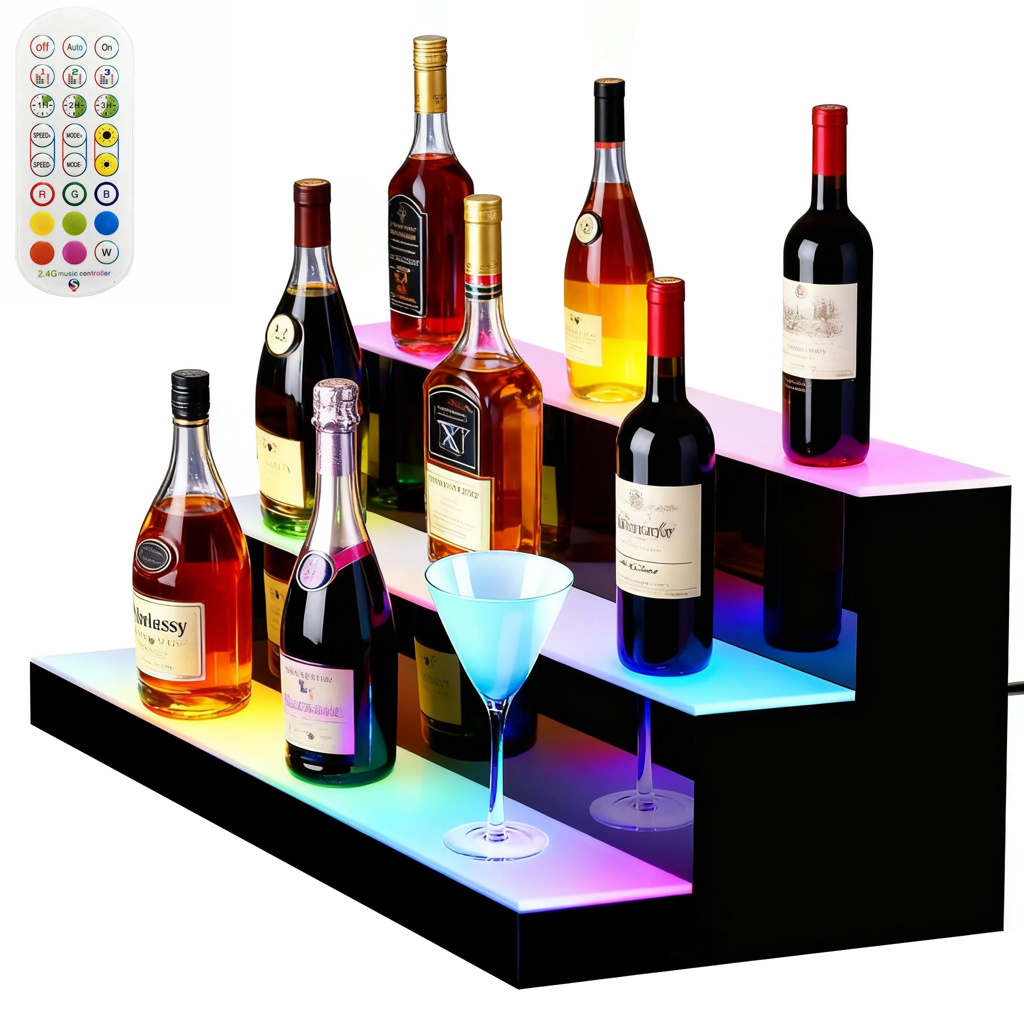 Cityjoy LED Lighted Liquor Bottle Display Rack, 3 Tiers USB Illuminated Bottle Shelf, Home Bar Drinks Acrylic Lighting Shelves 24 Bottles with RF Remote 7 Static Colors (4.63, Pounds)