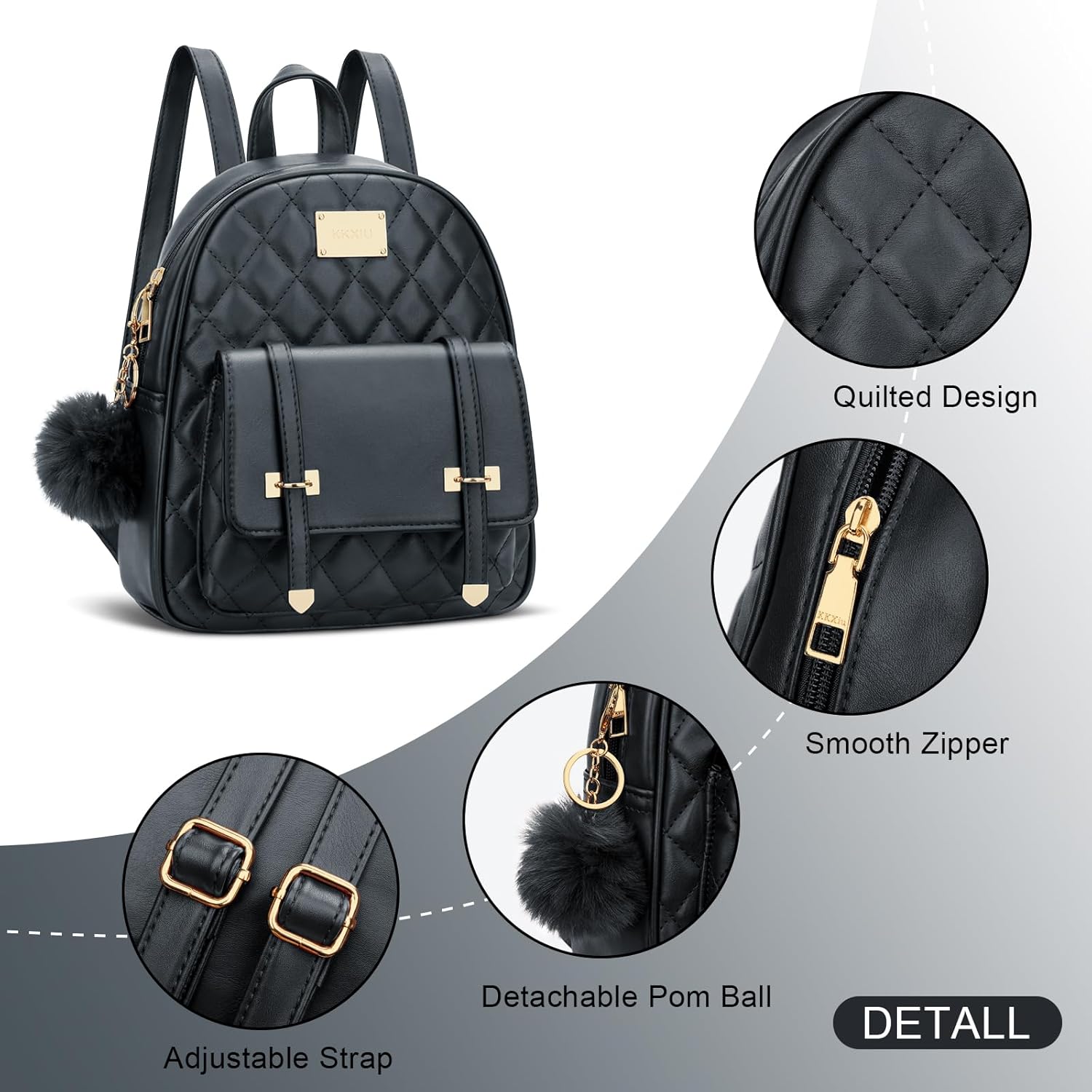 KKXIU Girls Small Backpack Purse Vegan Leather Quilted Mini Daypack for Women Trendy Bookbag (Black) - Image 5