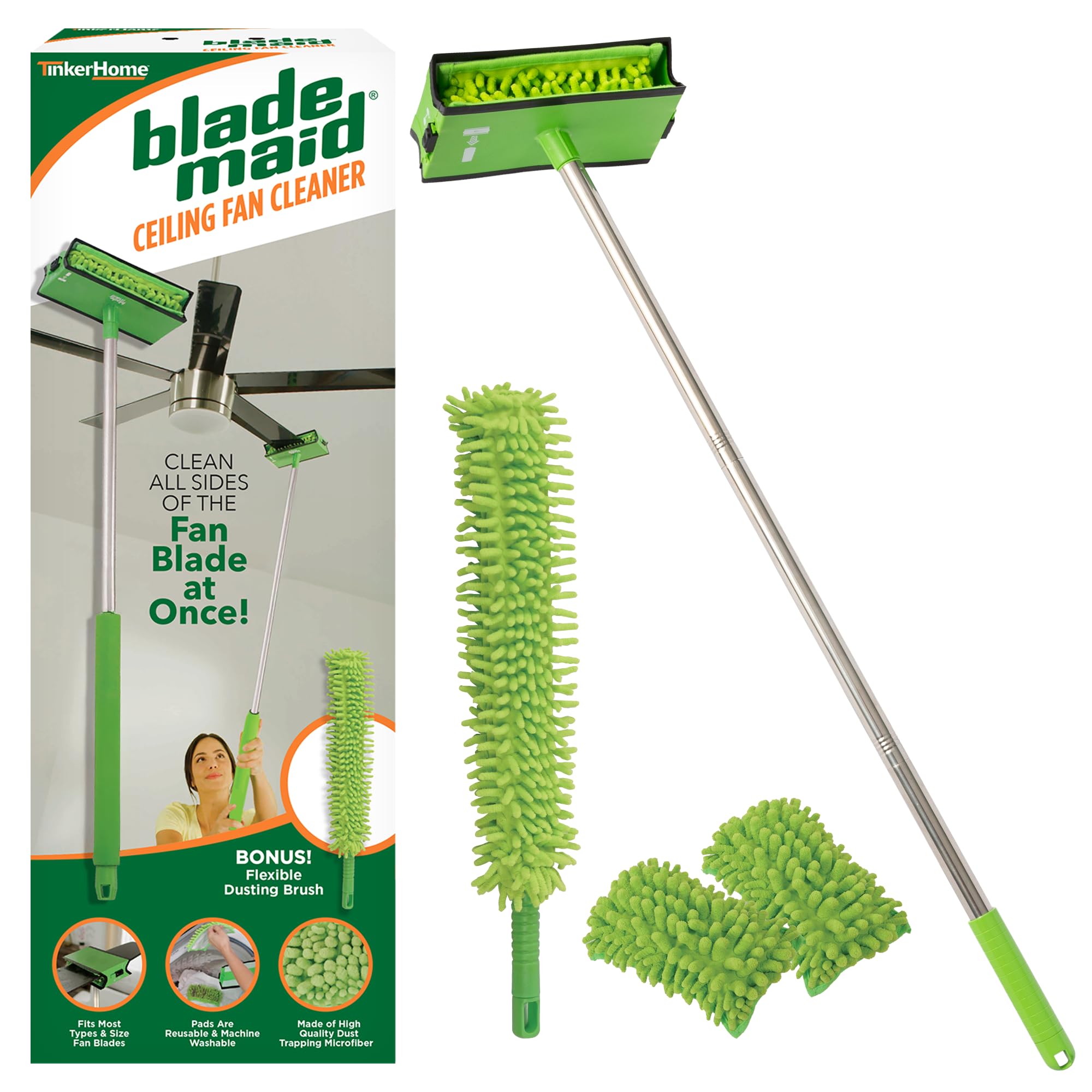Blade Maid Ceiling Fan Cleaner- Cleaning Tool with 3 Foot Extendable Pole, Cleaning Head, Reusable Fiber Duster, & Flexible Brush