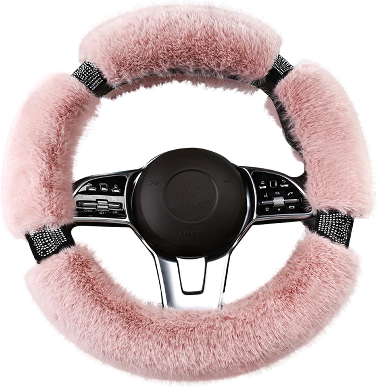 Fluffy Steering Wheel Cover for Women with Bling Crystal Diamond, Warm & Anti-Slip Plush Fur, Cute Girly Car Interior Decor Accessory, Universal Fit for 14.5-15 Inch Wheels (Pink)