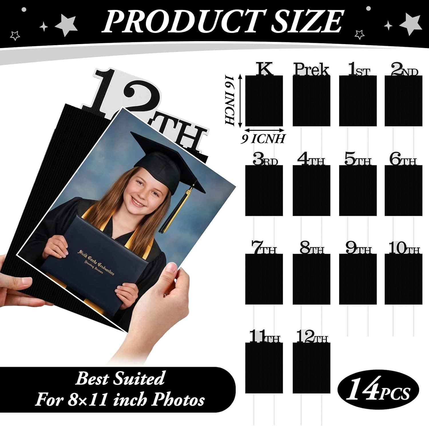 AceOrbit 14 Pcs Graduation School Picture Frame Yard Signs 9 x 16 Inches K-12 School Photo Display Frame DIY Professional Photo Holder Set Picture Display Board