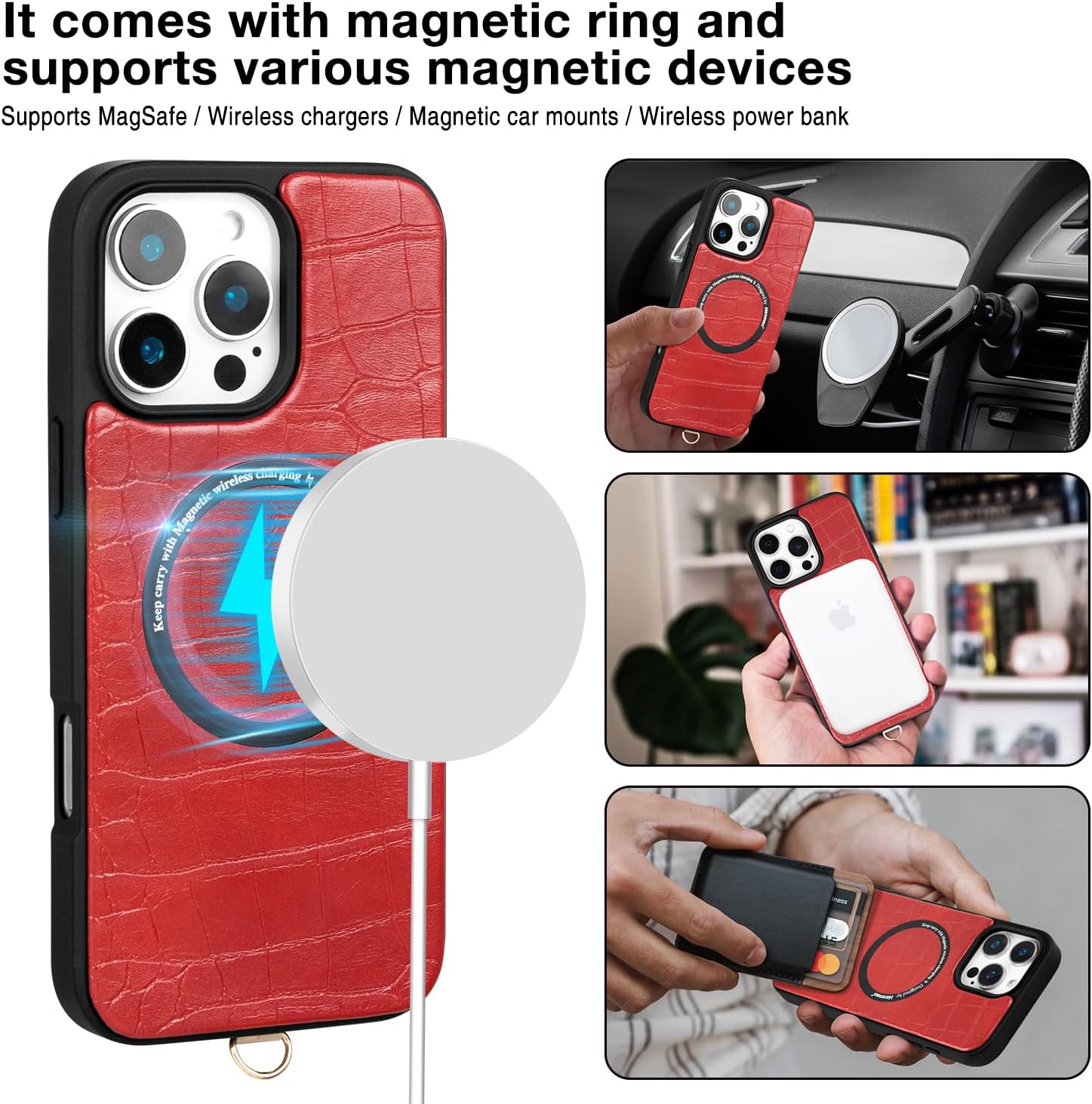 Hanman Magnetic Wallet Case for iPhone 16 Pro Max,RFID Blocking Leather Zipper Purse Magnetic Case with Chain Patche for iPhone 16 Pro Max,Detachable Magnetic Wallet Case for iPhone 16 Pro Max-Red