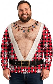 Ugly Christmas Sweater Men 3D Funny Hairy Chest Sweatshirt | Personalized Novelty Gift Fake Hairy Crop Print Halloween Christmas Party Friend Meetings Joke Gift for Dad Husband