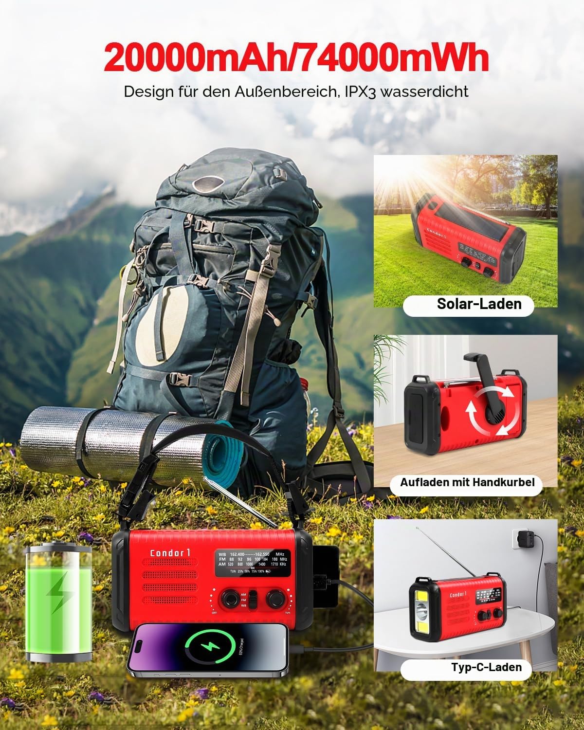 20000mAh Kurbelradio, tragbares Solar-Notfallradio mit AM/FM-Empfang, SOS Alarm, LED-Leselicht und Taschenlampe, USB-Telefonladegerät, Notfall, Stromausfall (Rot)