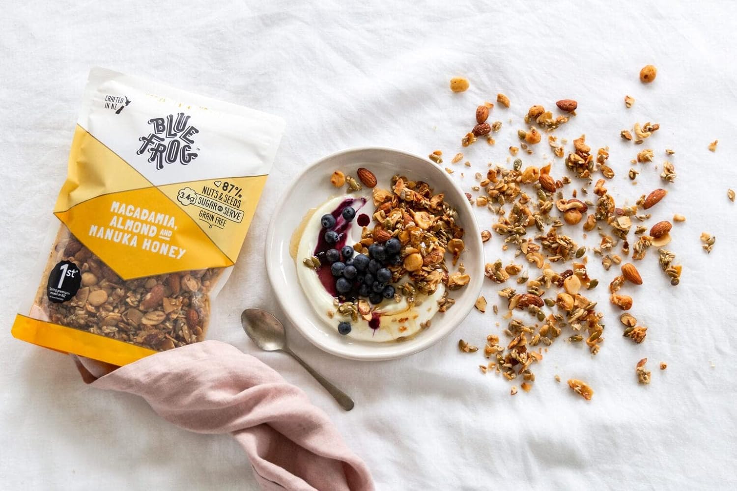 Blue Frog Breakfast Gourmet Muesli, Healthy Grain Free & Natural Whole Food Organic Ingredients - Macadamia Almond And Manuka Honey 350g (Pack of 3) (Made in New Zealand)