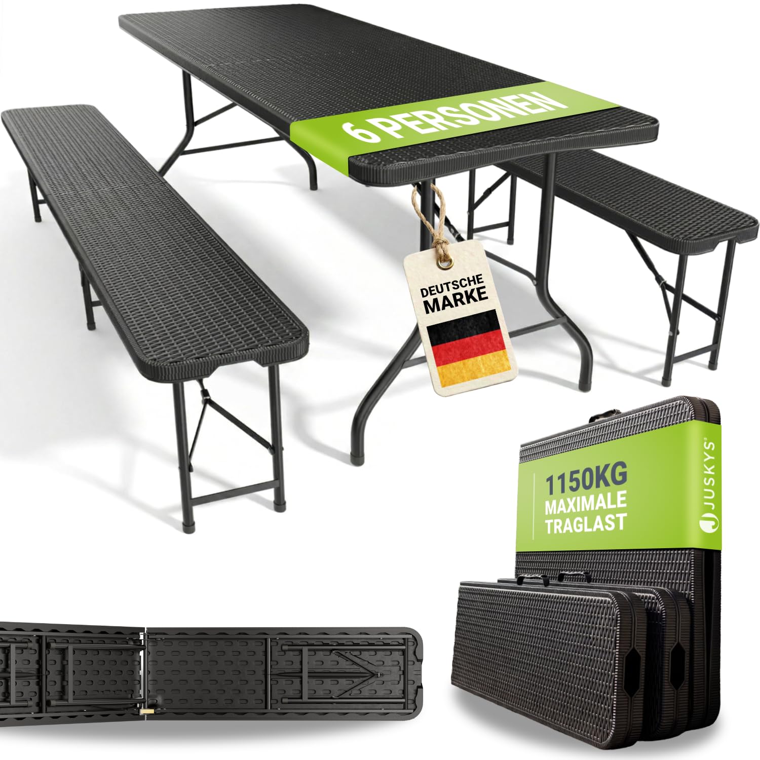 Juskys Bierzeltgarnitur Amberg 3-teilig & klappbar - 180 x 74 x 74-2 Bierbänke & Biertisch in Rattan-Optik Gartenmöbel-Set Festzeltgarnitur Camping