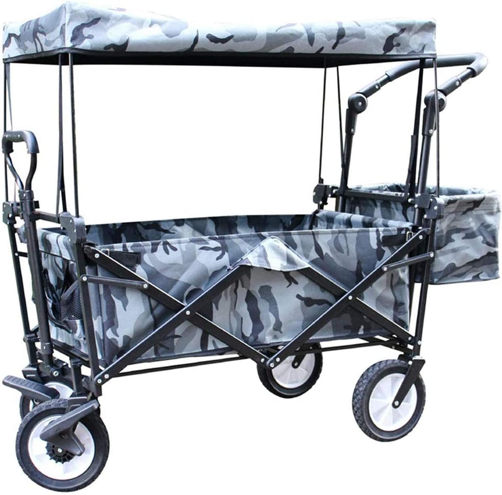 Push And Pull Collapsible Utility Wagon With Canopy,Heavy Duty Folding Portable Hand Cart With Wheels,All-field Outdoor Garden Cart Transport Trolley