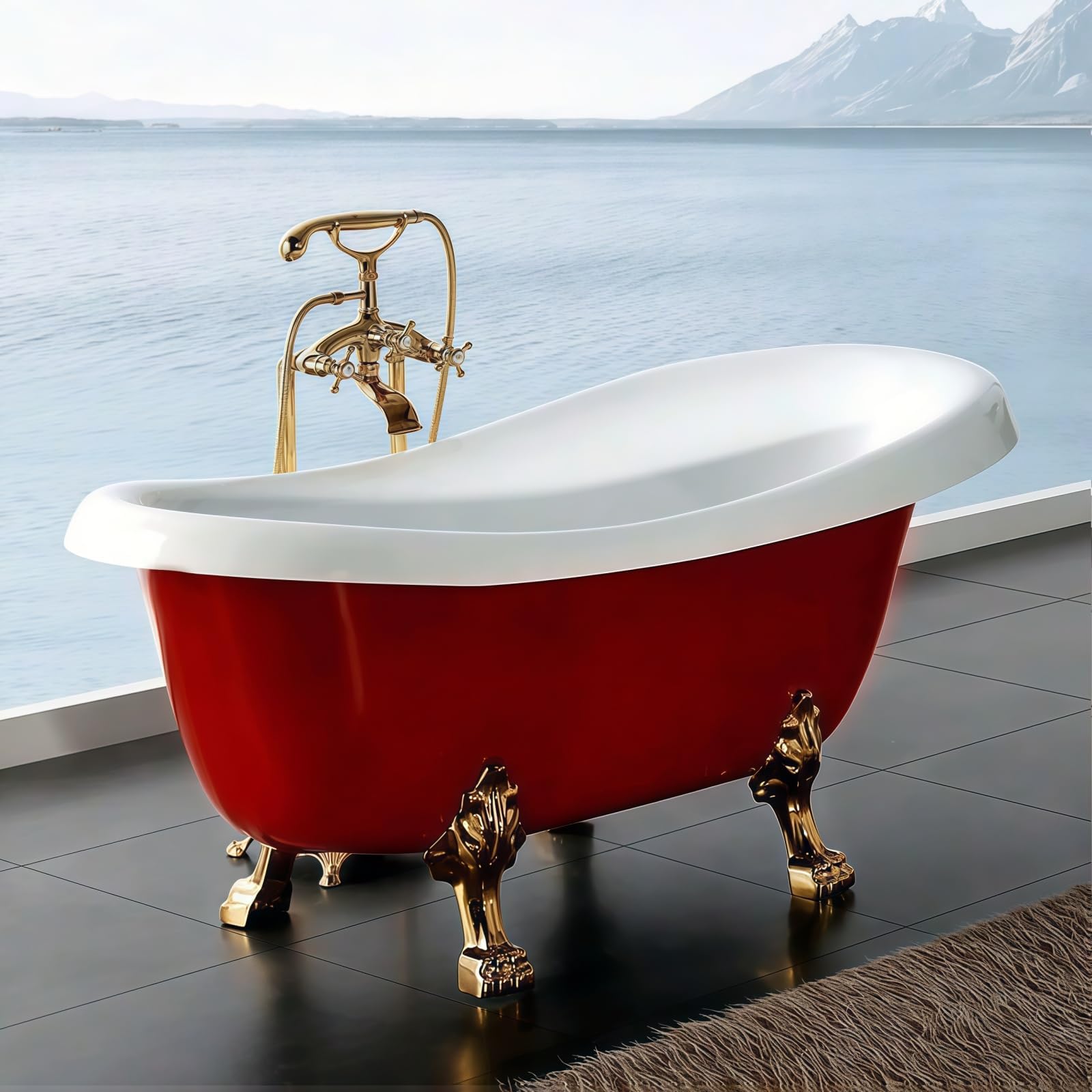Colorful Freestanding Bathtub - Modern Oval Soaking Tub, Comfortable Solid Surface Freestanding Tub with Overflow and Drain for Modern Bathroom (Red, 55.1"L x 29.1"W x 29.1"H)