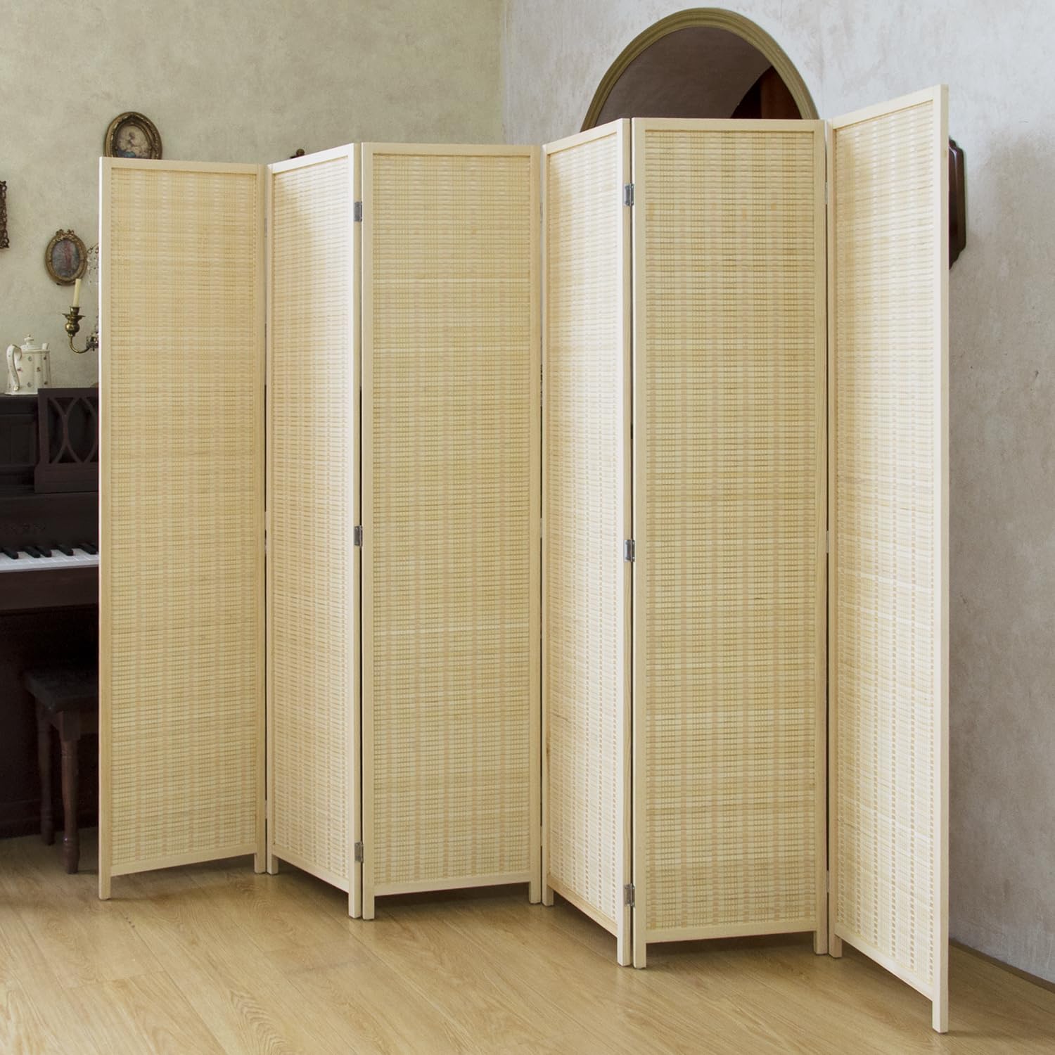 Photo 1 of Loomveil 6 Panel Bamboo Room Divider - 5.6 ft Tall Natural Beige Folding Privacy Screen, Double-Sided Freestanding Partition Wall with Natural Wood Frame for Home Office & Corner Privacy