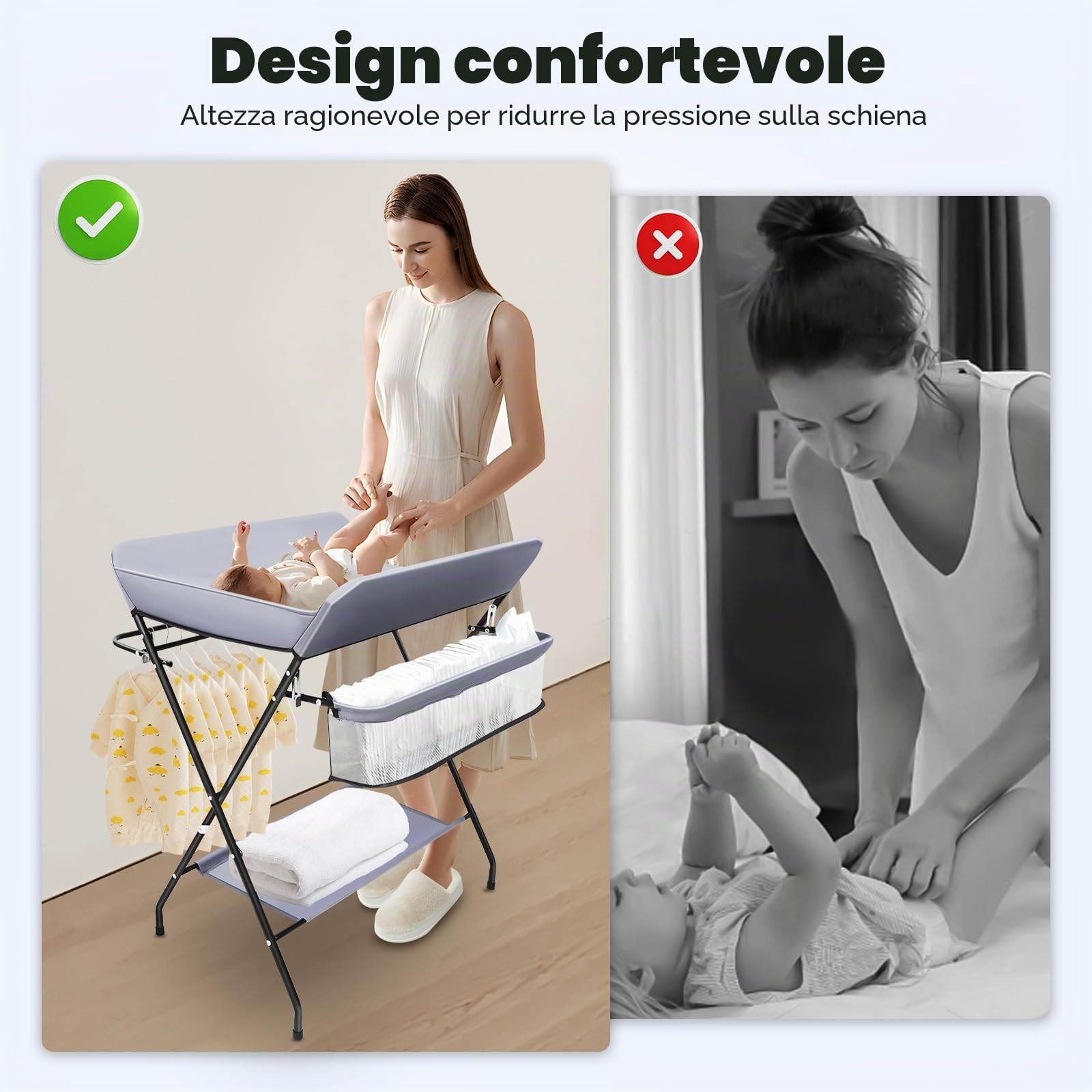 Fasciatoio pieghevole portatile con cintura di sicurezza e ripiani, salvaspazio e stabile grigio