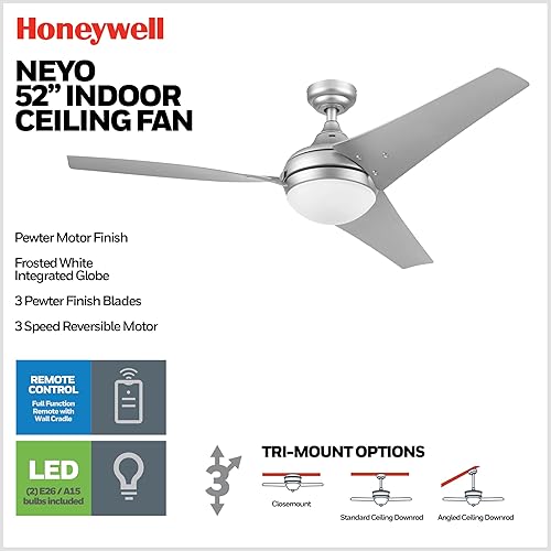 Miniatura 3 de Honeywell Ventiladores de techo Neyo, ventilador de techo LED contemporáneo de 52 pulgadas para interiores con luz, control remoto, aspas modernas