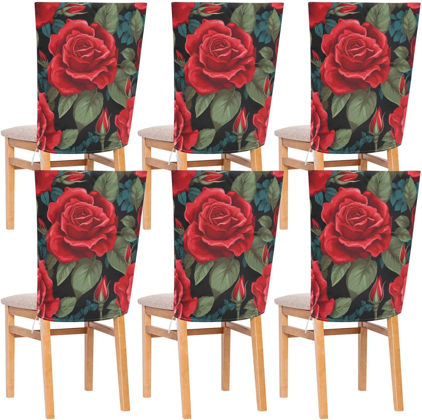 ALAZA Cute Red Rose Green Leaves Chair Back Cover Set of 6, Washable Reusable Removable Chair Slipcovers Decorative Chair Cover for Home Kitchen Wedding Party