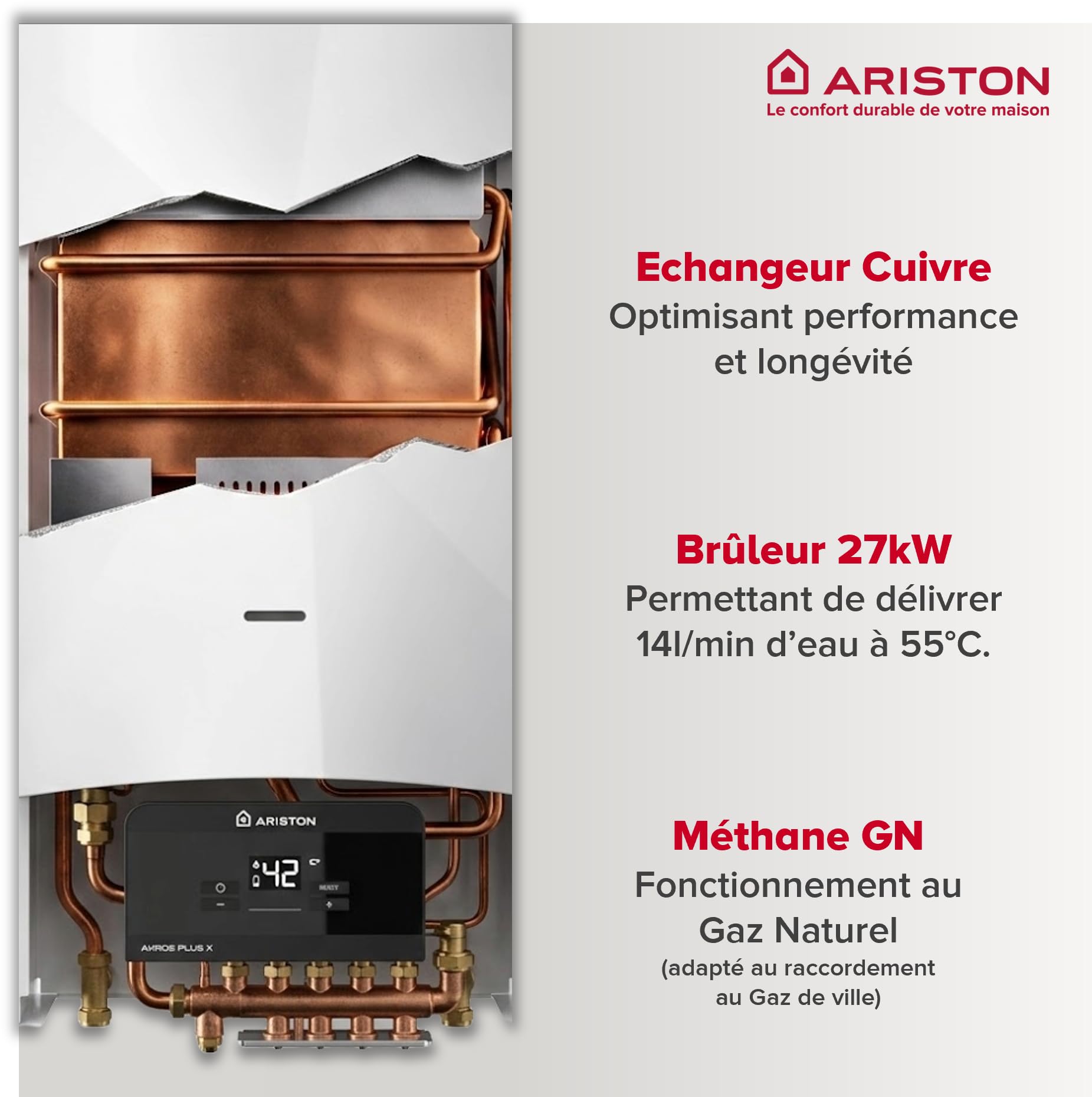Ariston Akros Plus 14L GN – Durchlauferhitzer Gas, Sofortiges Gas, 14 l/min – Niedrig NOx – Energieeffizienzklasse A – entworfen und hergestellt für die Installation in Frankreich