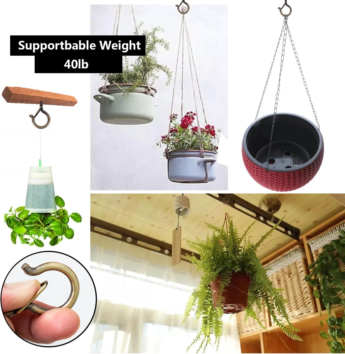 Aeiniwer TAIHUIMY 16 Pack Q-Hanger Hooks for Outdoor String Lights, Eye Hooks Screw Christmas Rope Light Clips, Wall Cabinet Ceiling Hooks with Safety Buckle for Wire Party Light Plants Wind Chimes