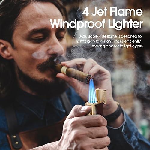 Miniatura 5 de USEWIRE Juego de encendedor de puros y cenicero, 4 llama de chorro a prueba de viento, con soporte para puros, encendedor de gas butano recargable,