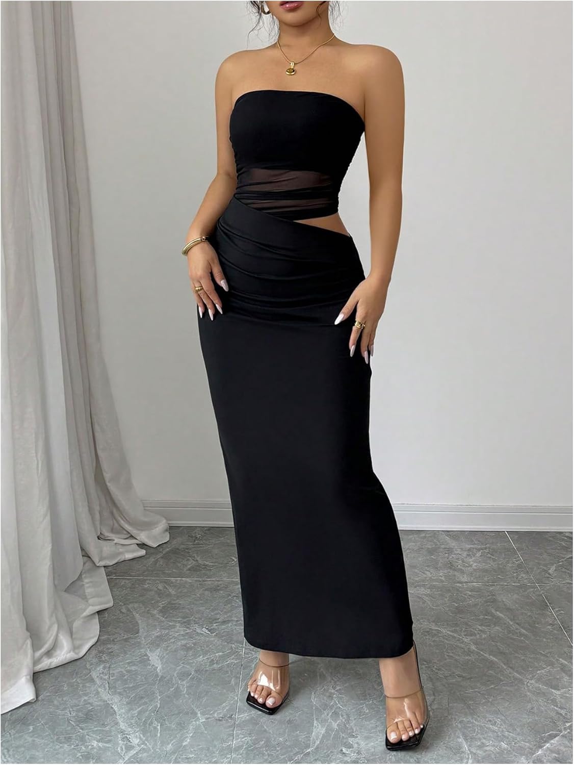 Floerns Women's Mesh Ruched Tube Dress Strapless Sleeveless Cut Out Bodycon Party Long Dress - Image 5