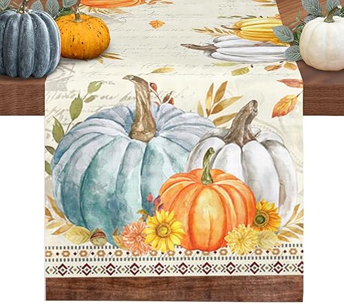 Camino de mesa de otoño de 13 x 70 pulgadas de largo con hojas de arce y calabaza, caminos de mesa de algodón y lino, girasol, grano de madera,