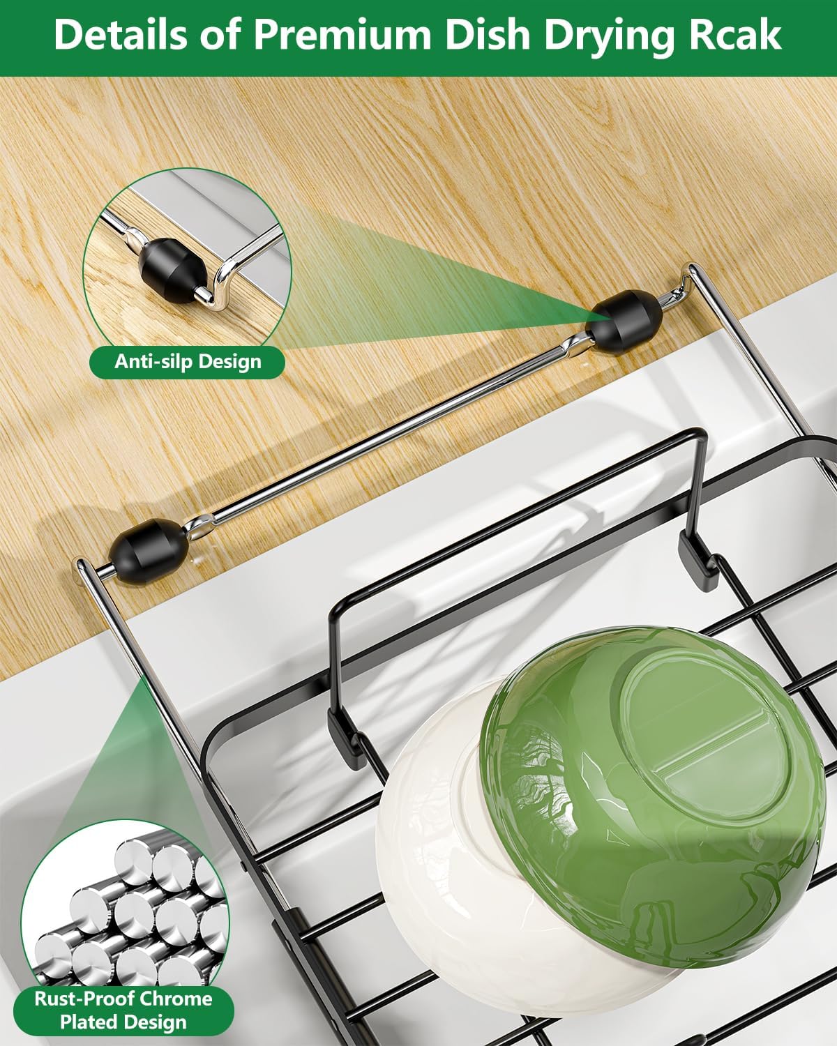 Small Dish Drying Rack, Expandable Sink Dish Rack Over Sinks, Dish Drainer for Kitchen Counter with Cutlery Holder, Space-Saving for Small Kitchens, Black