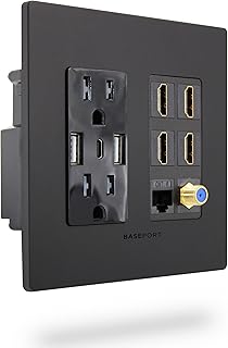 BASEPORT Premium Media Outlet Wall Plate - 6.3A USB Wall Outlet 2 USB A 2.0 + 1 USB C 3.0, 15A Dual Power Outlet, 4 HDMI Keystone Jack, Coaxial + Cat6 Rj45 Ethernet Outlet - Black Dual Gang Face Plate