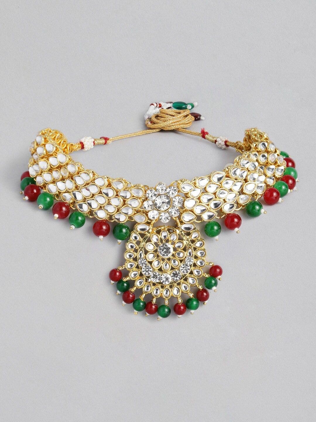 DMZ-3992 - Juego de collar y aretes de novia chapados en oro de 18 quilates con cuentas Kundan, S, Latón