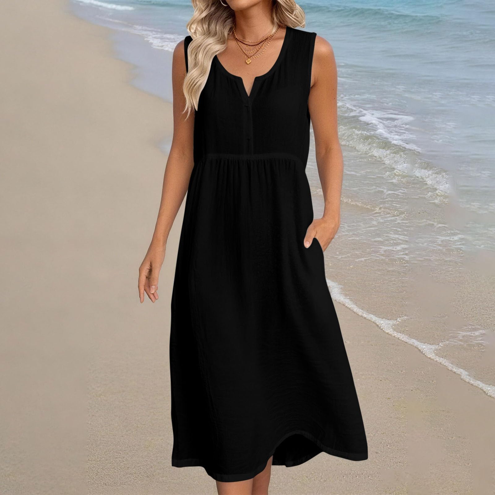 Womens Cotton Linen Midi Dresses Sleeveless Crewneck Empire Waist Loose Comfy Beach Casual Sundress — view 2