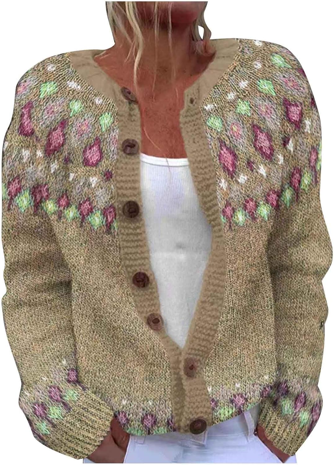 Womens Fair Isle Sweaters Vintage Argyle Iceland Norway Cardigan Sweater Colorful Crew Neck Long Sleeve Cardigans