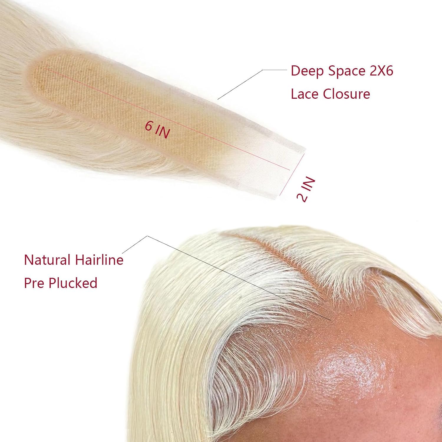 613 Blonde 2x6 HD Lace Closure Straight Human Hair - 12A Virgin Remy Hair, Pre-Plucked Natural Hairline, Ultra-Thin Lace for Seamless Blend, 20 Inch Real Hair Closure