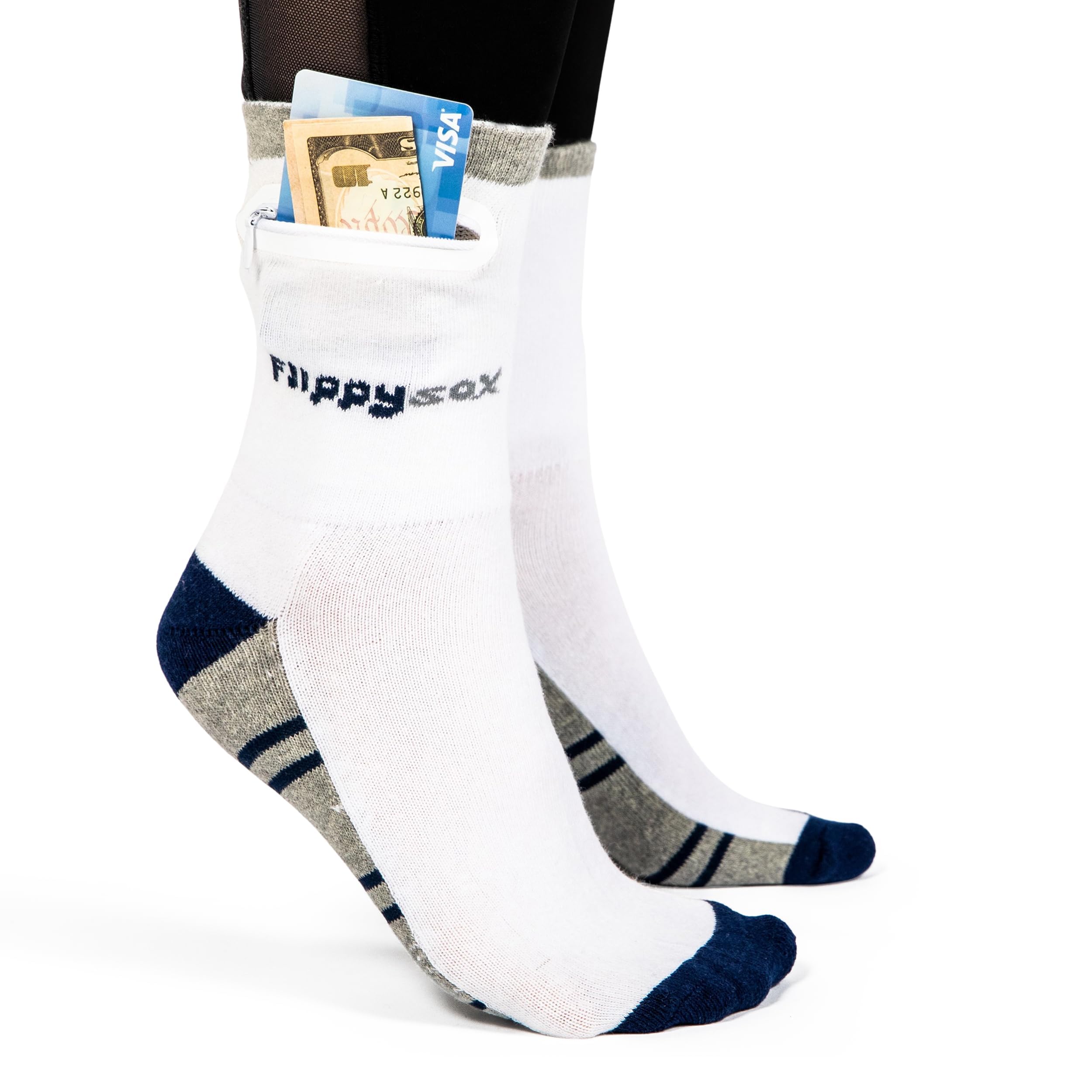 Zipper Sock Wallet - Cotton &amp; Polyester Zipper Socks with Pockets - Fits shoe size 6-13