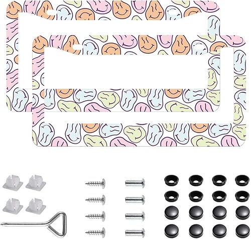Miniatura 17 de Paquete de 2 marcos para placa de automóvil de acero inoxidable con tornillos, tapas y destornilladores, para mujeres y niñas, diseño de flores