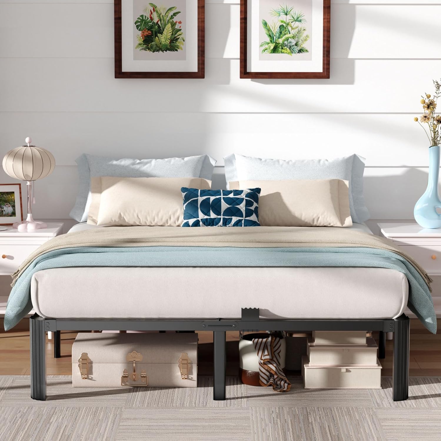 King Size Bed Frame,14 Inch 3500LBS Heavy Duty Noise-Free Metal Platform with Mattress Stoppers Retainers,Headboard Compatible,No Box Spring Needed,Easy Assembly, Round Feet